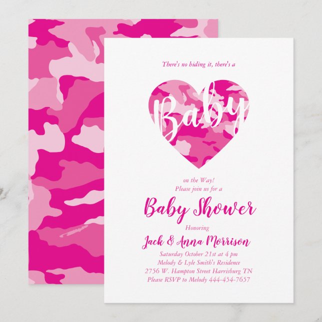 Rosa Camo Baby Shower Camouflage Land Girl Girl Inbjudningar (Fram/baksida)