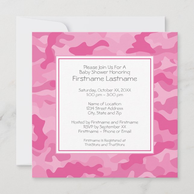 Rosa Camo Baby Shower eller Party Inbjudningar (Framsida)