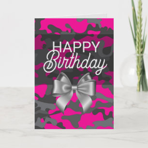 Rosa Camo & Bow Grattis på födelsedagen Card Tack Kort