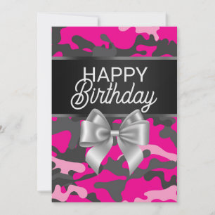 Rosa Camo & Bow Grattis på födelsedagen Day-kort Inbjudningar