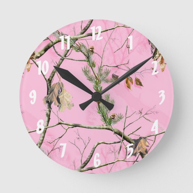 Rosa Camo Camouflage Hunting Girl Real Wall Clock Rund Klocka (Framsida)