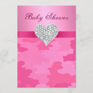 Rosa Camo Diamond Heart Baby Shower-inbjudan Inbjudningar