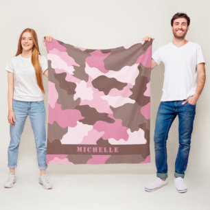 Rosa Camo Girly Camouflage Monogram Namn Fleecefilt