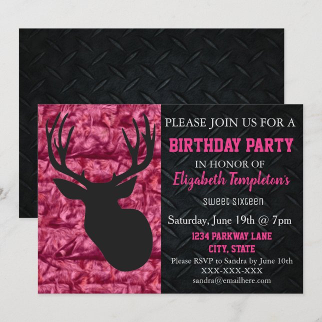 Rosa Camo Hunting Sweet sixteen Birthday Inbjudningar (Fram/baksida)