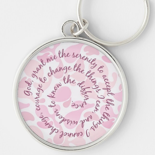 Rosa Camo Serenity Prayer Keychain Rund Silverfärgad Nyckelring (Framsidan)