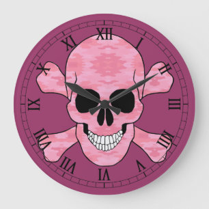 Rosa Camo Skull och korsben Romerska numeriska klo Stor Klocka