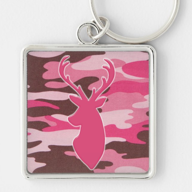 Rosa camohjorthuvud fyrkantig silverfärgad nyckelring (Framsidan)