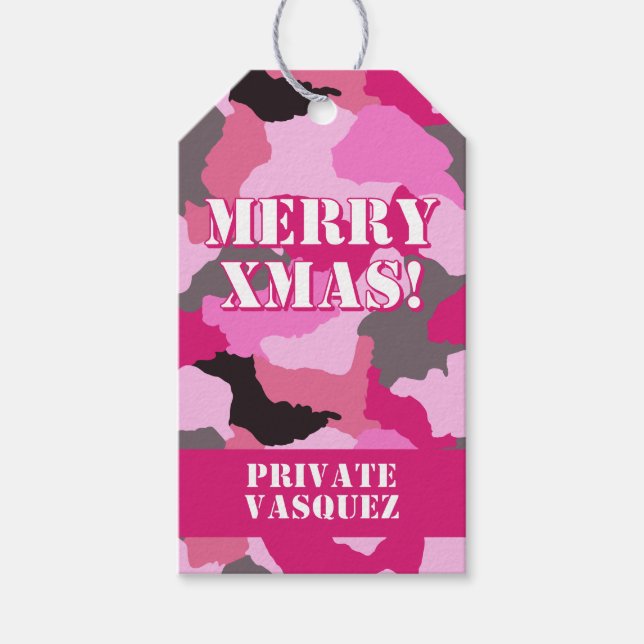 Rosa Camouflage Anpassningsbar Merry Xtmas Presentetikett (Framsidan)