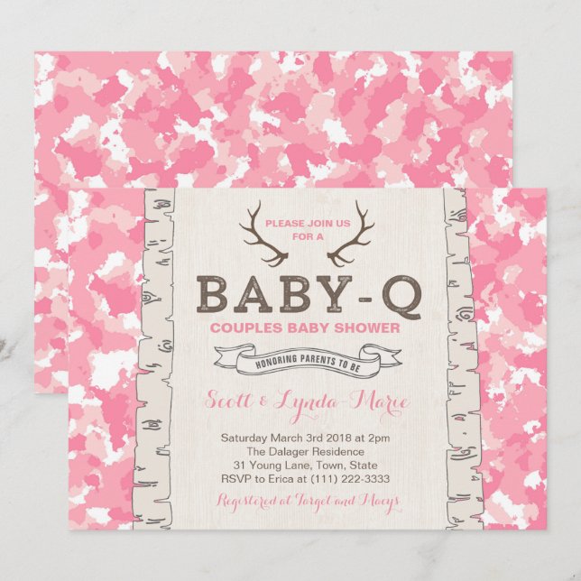 Rosa Camouflage Co-ed Baby Shower for Girl Inbjudningar (Fram/baksida)