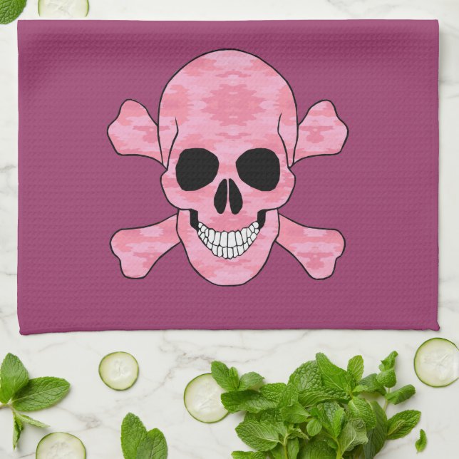 Rosa Camouflage Skull och Crossbone Kitchen Towel Kökshandduk (Vikta)