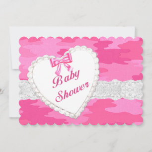 Rosa Camouflage Snöre Heart Baby Shower-inbjudan Inbjudningar