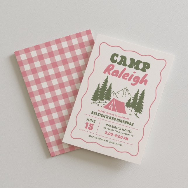Rosa Camping Flickfödelsedag Inbjudningar (Skapare uppladdad)