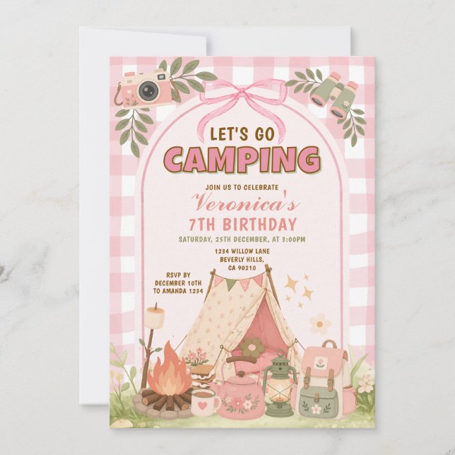 Rosa Camping Födelsedagsflicka Glamping  Inbjudan (Framsida)