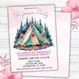 Rosa camping-övernattning födelsedagsfest inbjudan