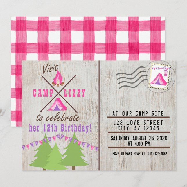 Rosa Camping Wood Flanals Post Card Birthday Inbjudningar (Fram/baksida)