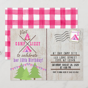 Rosa Camping Wood Flanals Post Card Birthday Inbjudningar