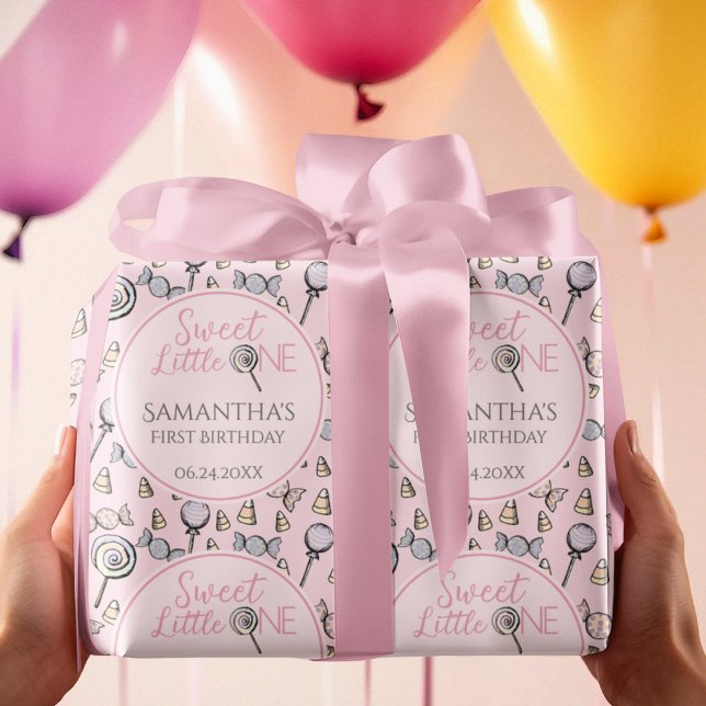Rosa Candy Baby Shower Sweet Little One Presentpapper (Cute Pink Sweet Little One First 1st Birthday Gift Wrap for Baby Girl. Hand-Drawn Candy & Lollipops.)