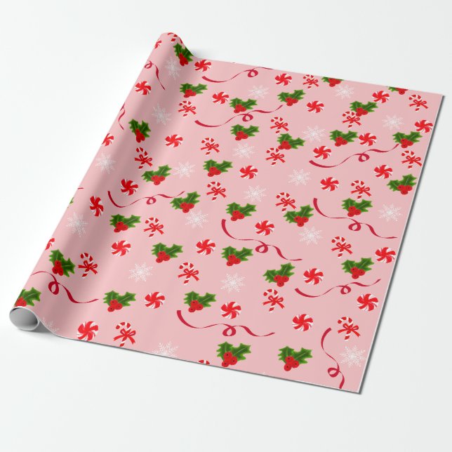 Rosa Candy cane och Red Ribbon jul Berries Presentpapper (Utrullad)