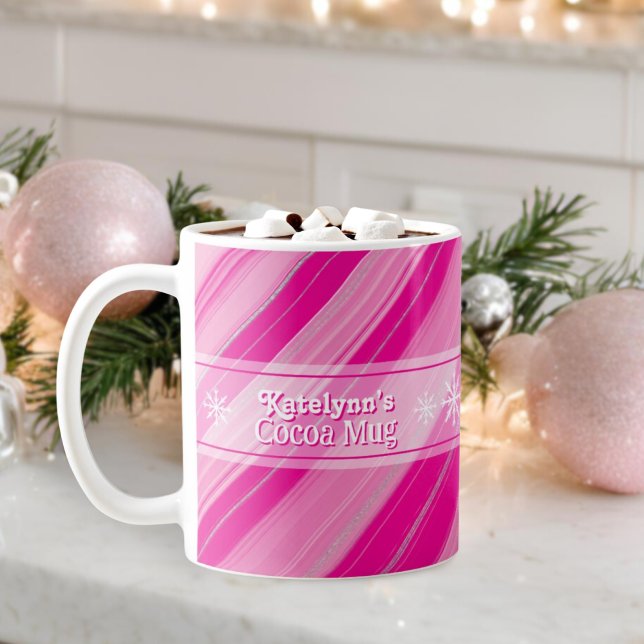 Rosa Candy cane Rand Snöflingor Lägg till Namn Kak Kaffemugg (Skapare uppladdad)