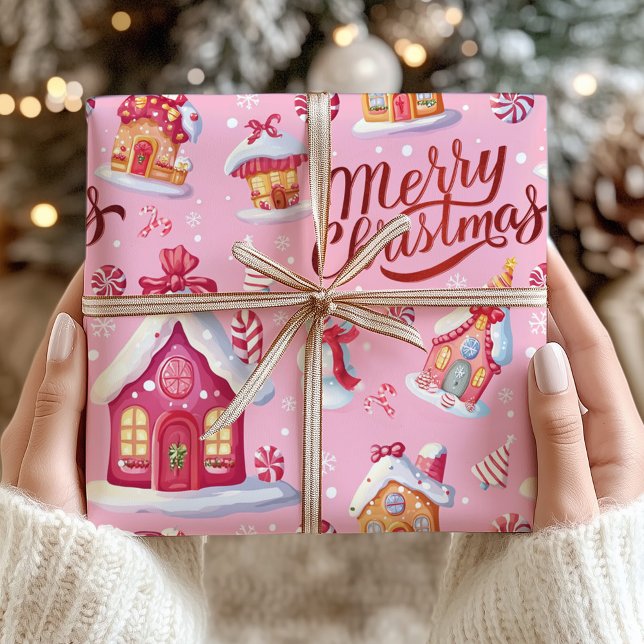 Rosa Candy Festive God jul Presentpapper (Pink Candy Festive Merry Christmas Wrapping Paper)