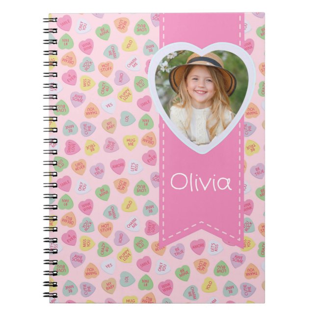 Rosa Candy Hearts Photo Spiral Notebook Anteckningsbok (Framsidan)