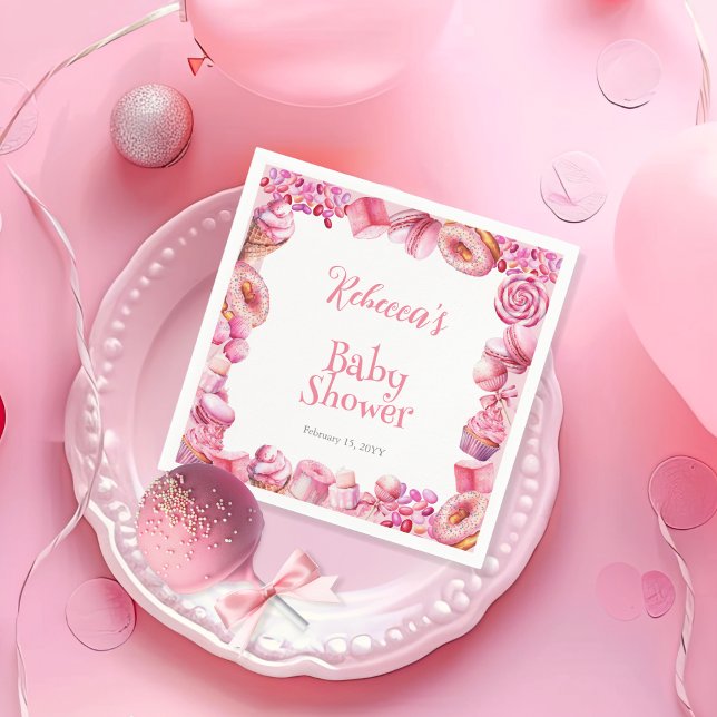Rosa Candy Ram Girl Baby Shower Pappersservett (Pink Candy Frame Girl Baby Shower Paper Napkins)