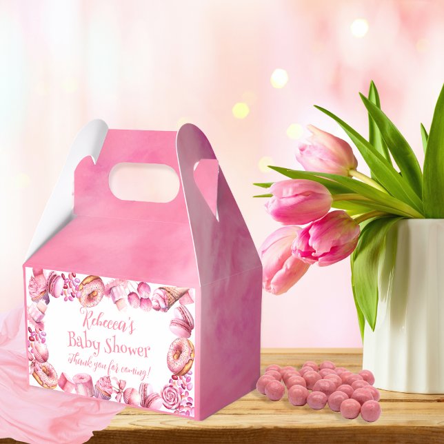 Rosa Candy Ram Girl Baby Shower Presentaskar (Pink Candy and Treats Frame Girl Baby Shower Favor Box)