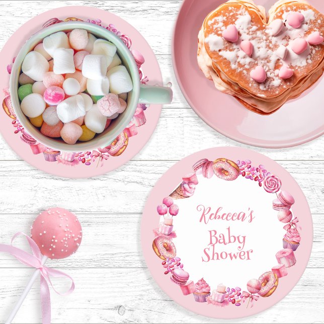 Rosa Candy Ram Girl Baby Shower Underlägg Papper Rund (Pink Candy and Treats Frame Girl Baby Shower Paper Coaster)
