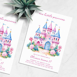 Rosa Candyland Castle 1:a födelsedagen Party Inbjudningar