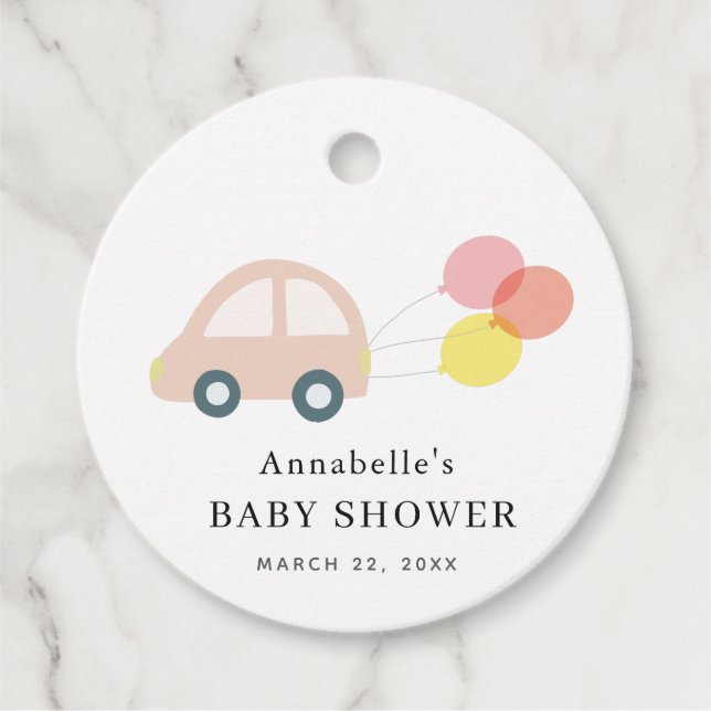 Rosa Car Balloons White Girl Baby Shower Gåvor Etiketter (Framsida)