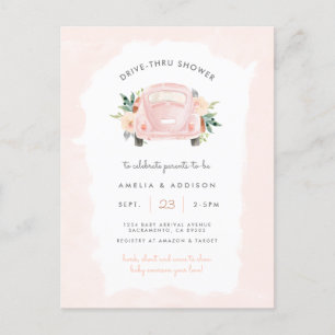 Rosa Car Girl Drive through Baby Shower Inbjudan Vykort