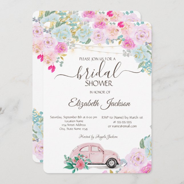 Rosa Car Ljus Chic Ro Möhippa Inbjudningar (Fram/baksida)