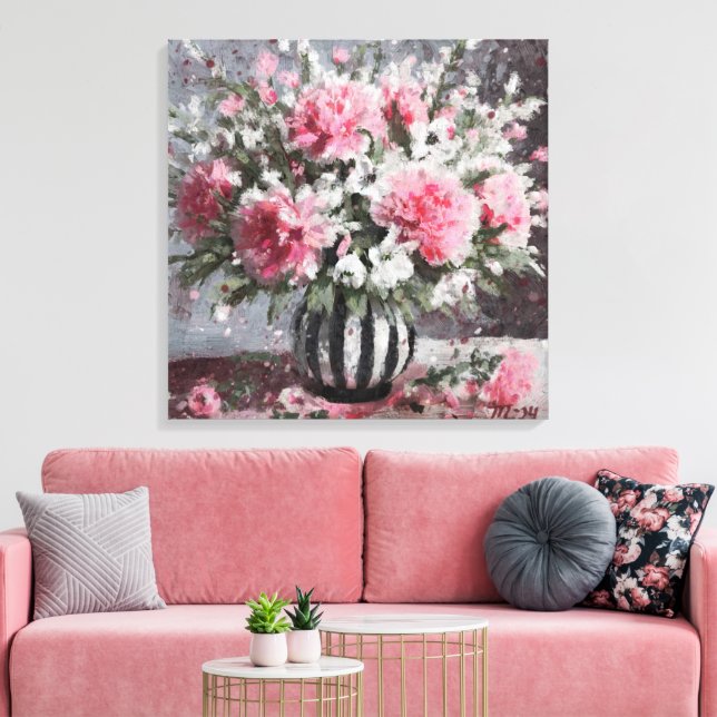 Rosa Carnation Blommigt Flower Arrangemang Black Canvastryck (Insitu (Vardagsrum))