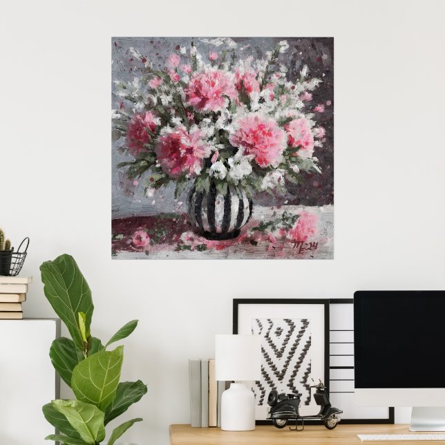 Rosa Carnation Blommigt Flower Arrangemang Black Poster (Hemmakontoret)