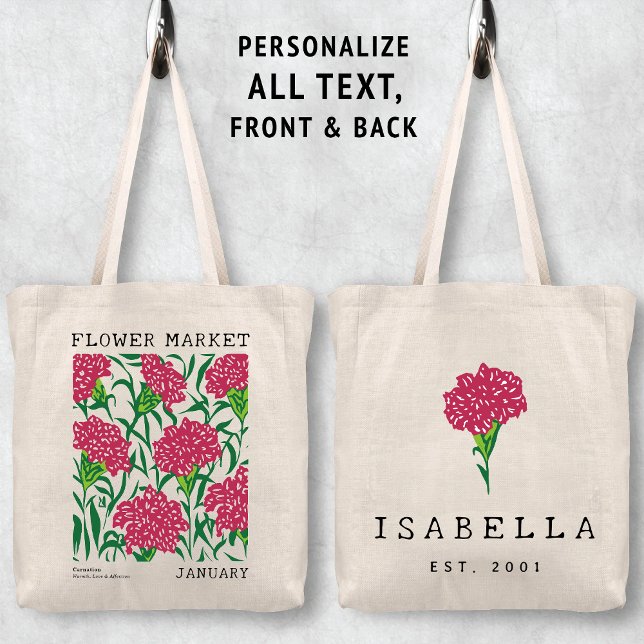 Rosa Carnation Blommigt januari FLOW- Tygkasse (Personalized January Birth Flower Market Tote Bag, Custom Name Bag, Bachelorette Bridesmaid Gifts )
