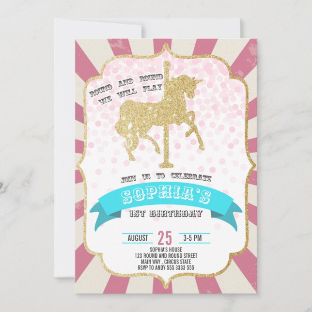 Rosa Carnival Carousel Girl First Birthday Circus Inbjudningar (Framsida)