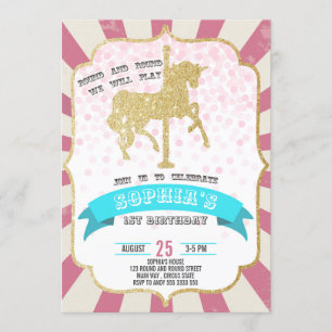 Rosa Carnival Carousel Girl First Birthday Circus Inbjudningar