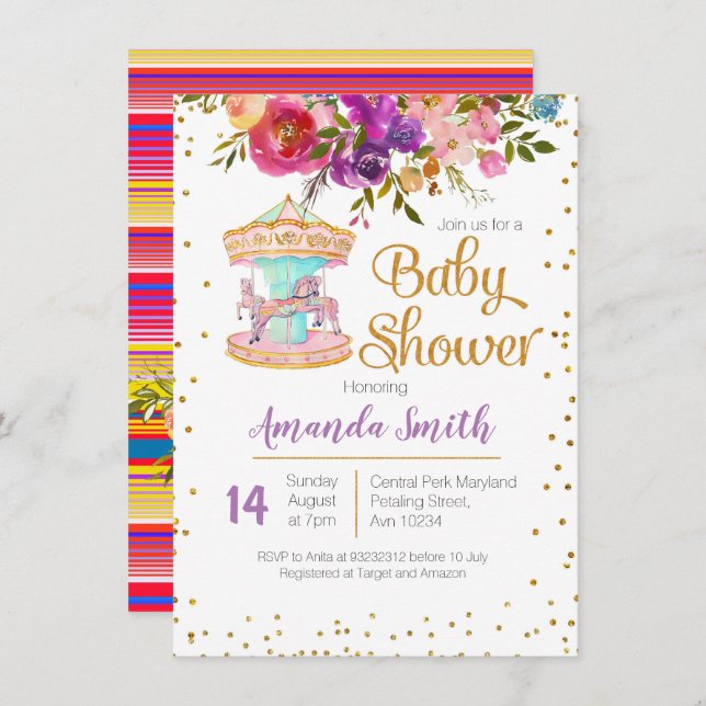 Rosa Carousel Baby Shower-inbjudan Inbjudningar (Fram/baksida)
