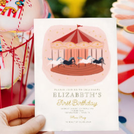 Rosa Carousel Carnival Circus Första födelsedag Inbjudningar