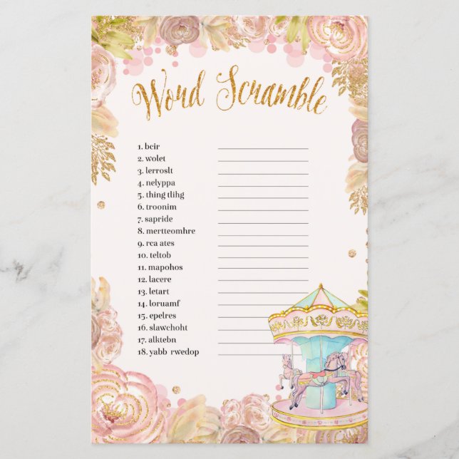 Rosa Carousel World Scramble Baby Shower Game (Framsida)