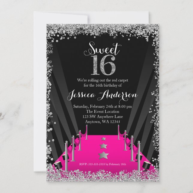 Rosa Carpet Hollywood Silver Glitter Sweet 16 Inbjudningar (Framsida)