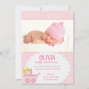 Rosa Carriage Flicka Photo Birth Meddelande