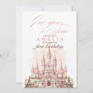 Rosa Castle Kingdom Princess 1st Birthday Party Inbjudningar