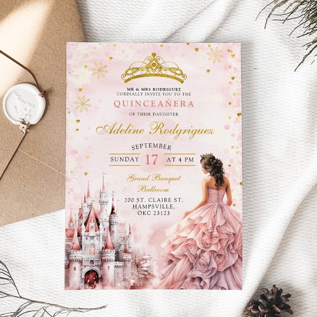 Rosa Castle Palace Quinceanera Mexican Birthday Inbjudningar (Skapare uppladdad)