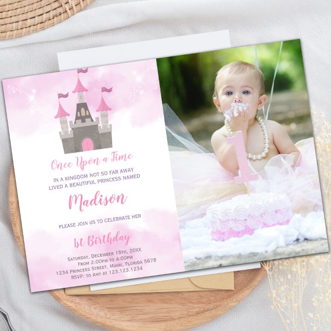 Rosa Castle Princess Birthday-inbjudan Inbjudningar (Pink Castle Princess Birthday Invitations w Photo)