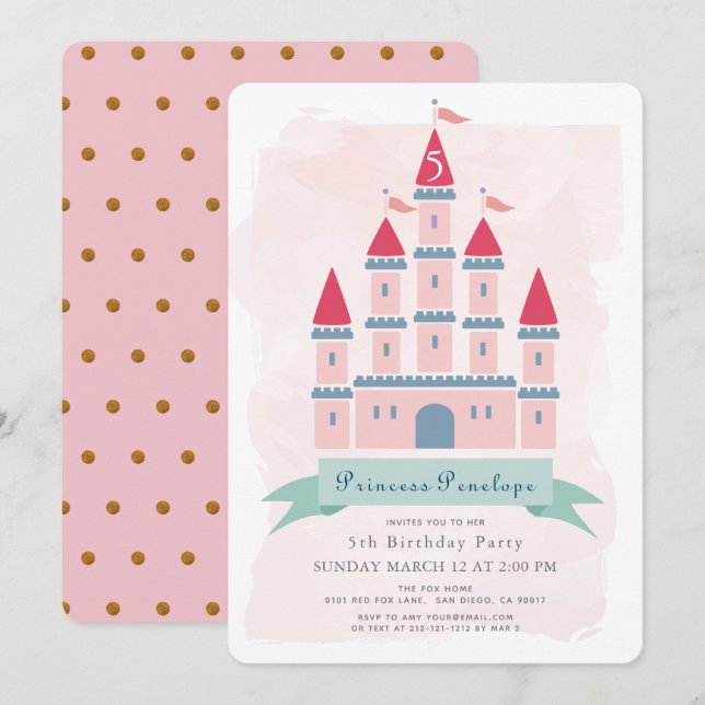 Rosa Castle Princess Girl Girl Birthday Inbjudningar (Fram/baksida)