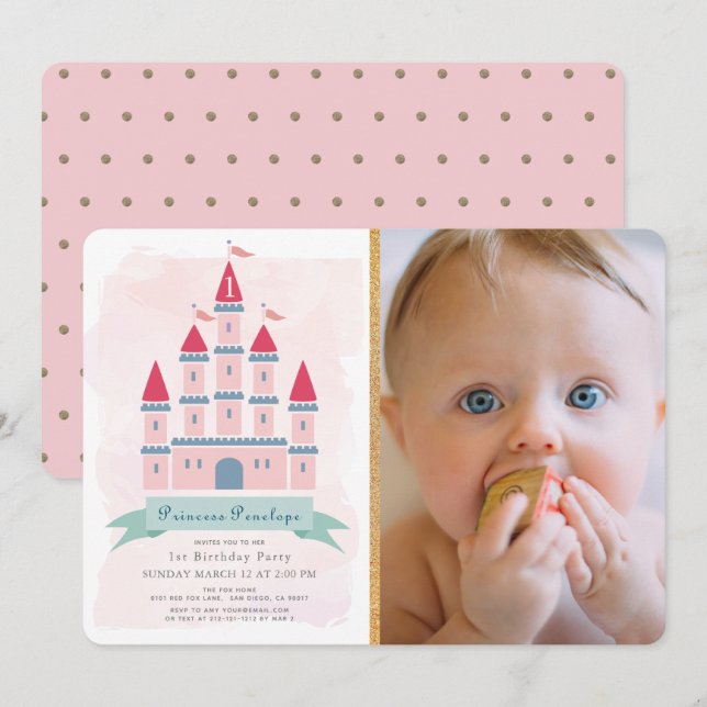 Rosa Castle Princess Girl Girl Photo 1st Birthday Inbjudningar (Fram/baksida)