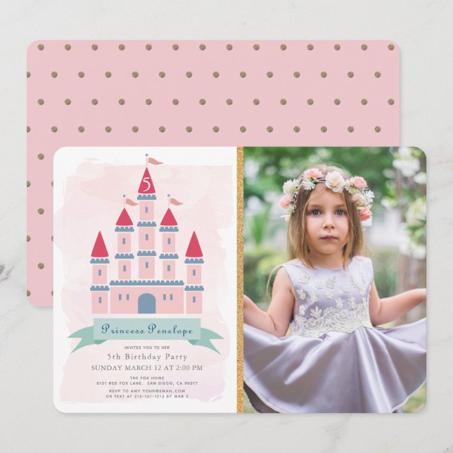 Rosa Castle Princess Girl Girl Photo Birthday Inbjudningar (Fram/baksida)