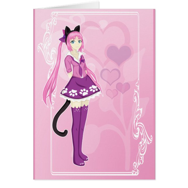 Rosa Cat Girl Hälsningskort (Framsidan)