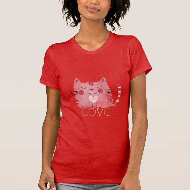 Rosa Cat Heart Guld Kärlek T Shirt (Framsida)